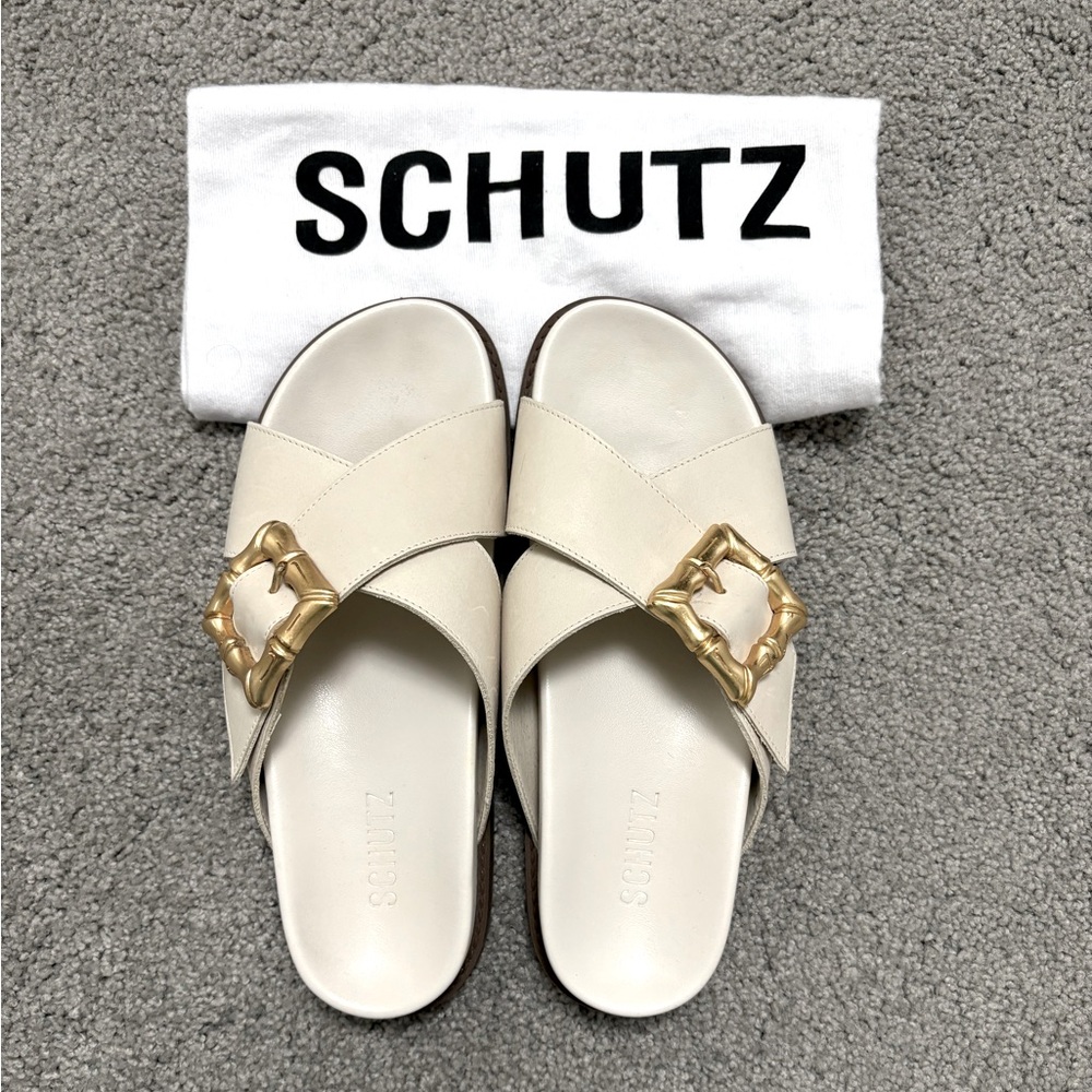 Schutz Enola Crisscross Buckle Leather Sandals White Gold buckle slides Size 7.5 - Picture 2 of 11